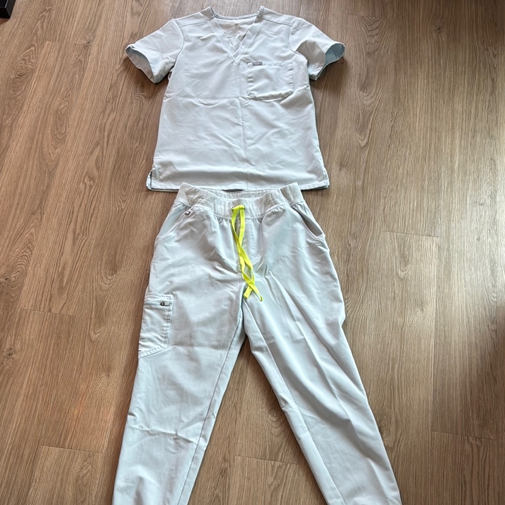 Figs Women's Scrub Set in Light Gray with Neon Accents
